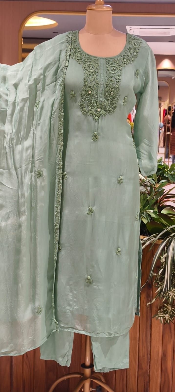 Foil Mirror Detailing Chikankari Embroidered Yoke Solid Full Suit Set With Dupatta- 15376