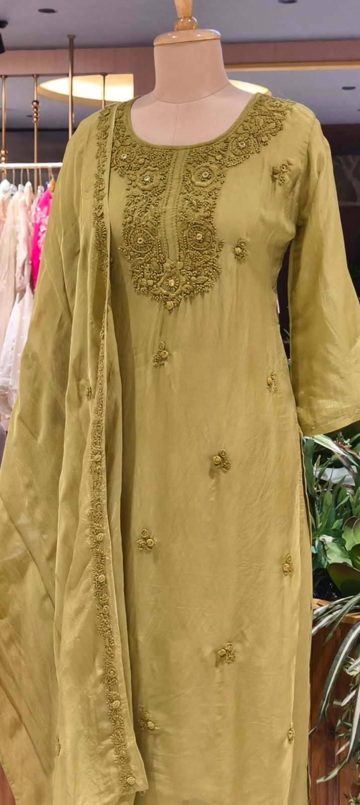 Foil Mirror Detailing Chikankari Embroidered Yoke Solid Full Suit Set With Dupatta- 15376