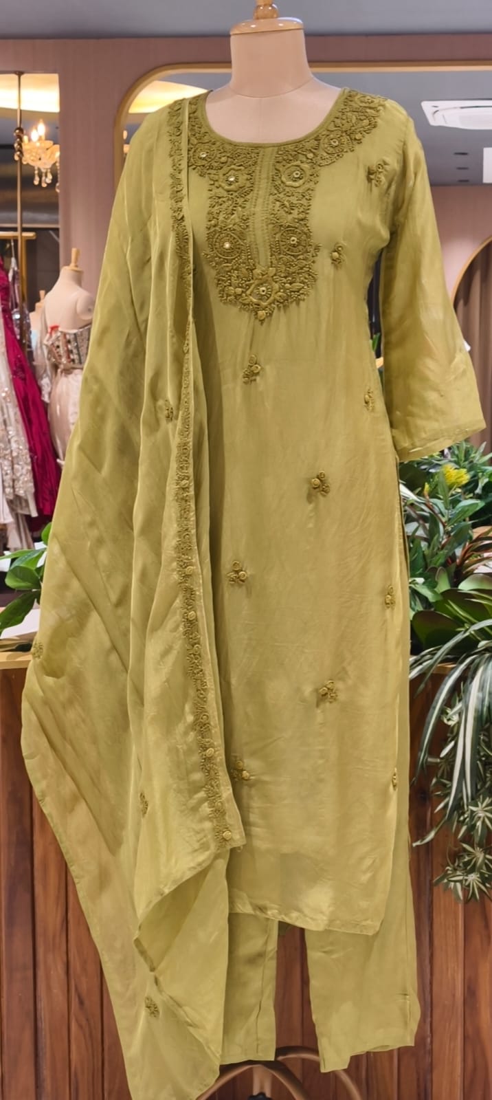 Foil Mirror Detailing Chikankari Embroidered Yoke Solid Full Suit Set With Dupatta- 15376