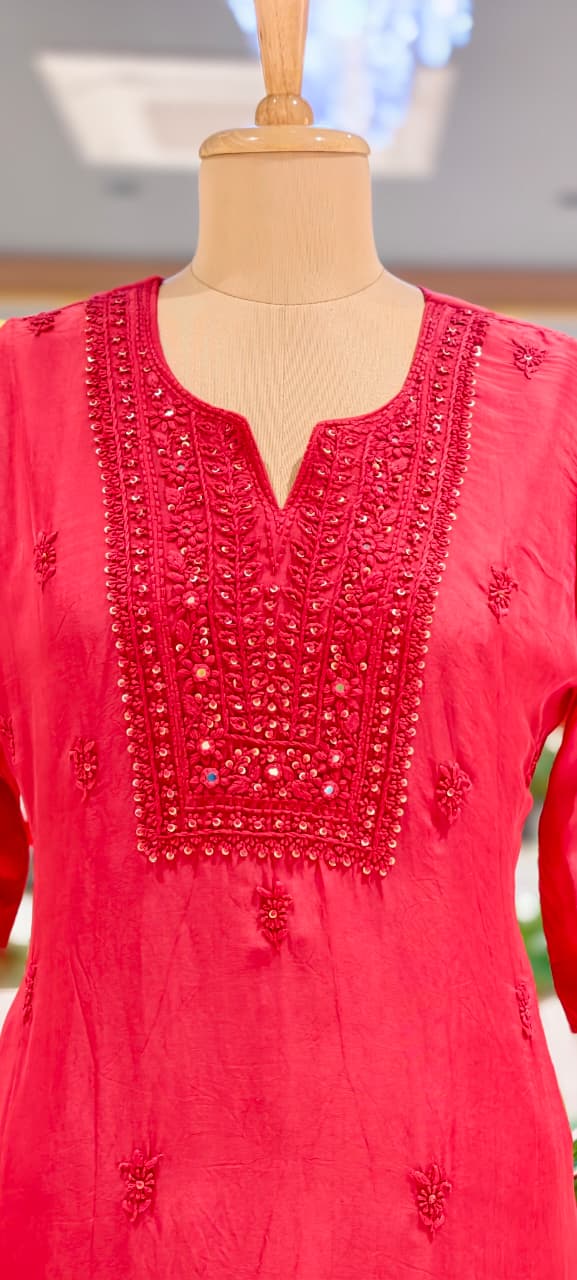 Foil Mirror Detailing Chikankari Embroidered Yoke Solid Full Suit Set With Dupatta- 15376