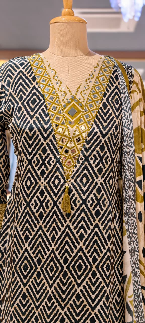 Tribal Inspired Tassel Accent Multi Printed Flowy Crepe Fancy Full Suit Set With Dupatta- 15418, 15419