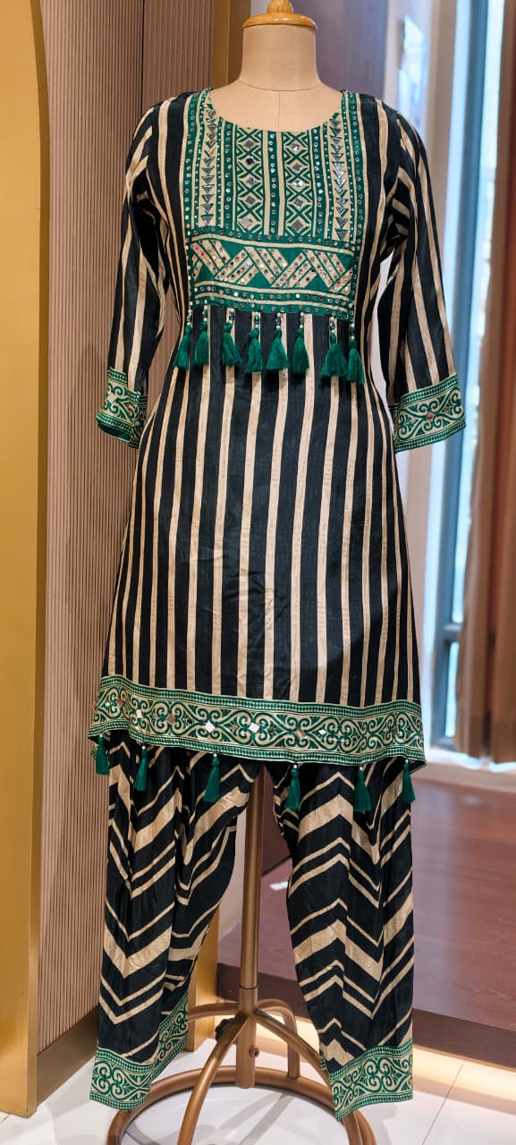 Boho Chich Tribal Inspired Multicolor Print Crepe Full Suit Set With Dupatta & Farsi Bottom- 15417, 15120