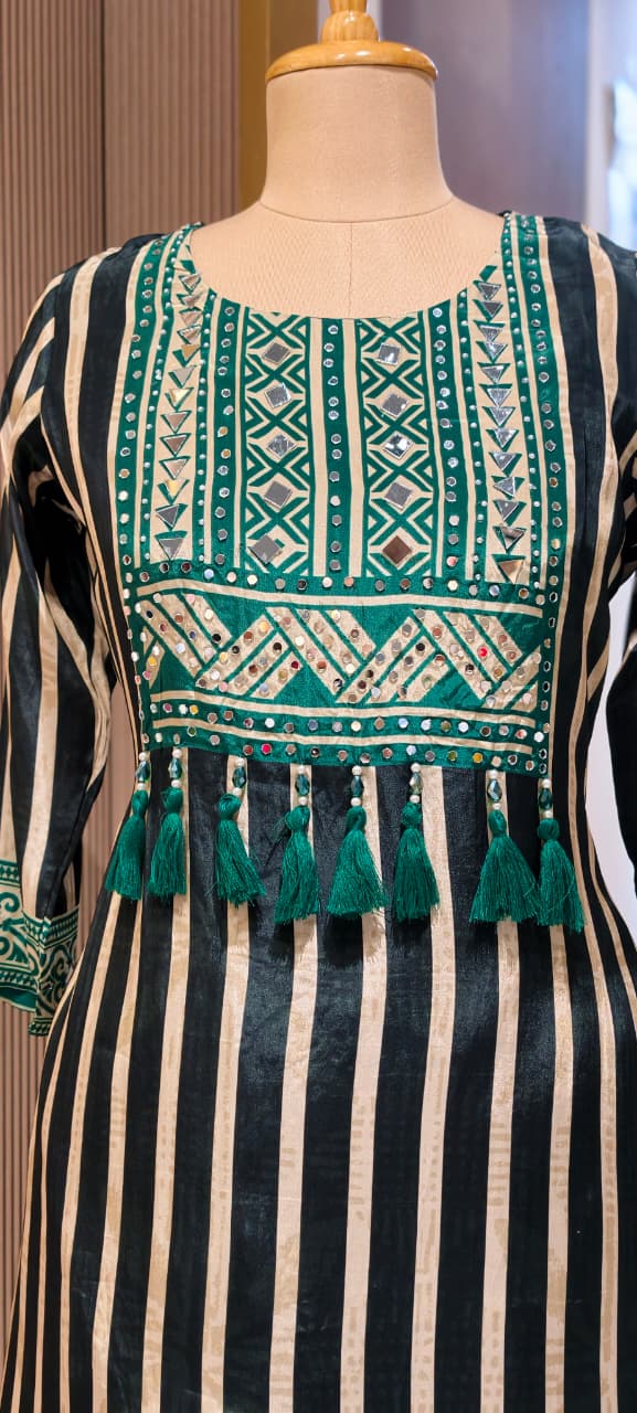 Boho Chich Tribal Inspired Multicolor Print Crepe Full Suit Set With Dupatta & Farsi Bottom- 15417, 15120