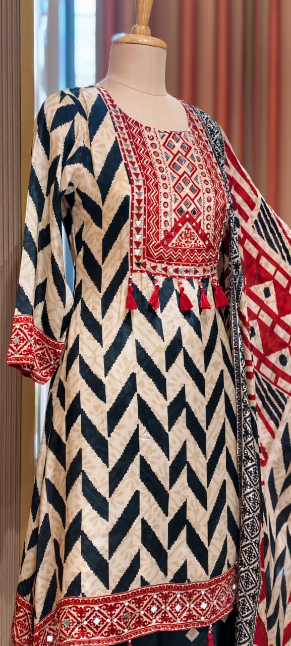 Tribal Inspired Tassel Accent Multi Printed Flowy Crepe Fancy Full Suit Set With Dupatta- 15418, 15419