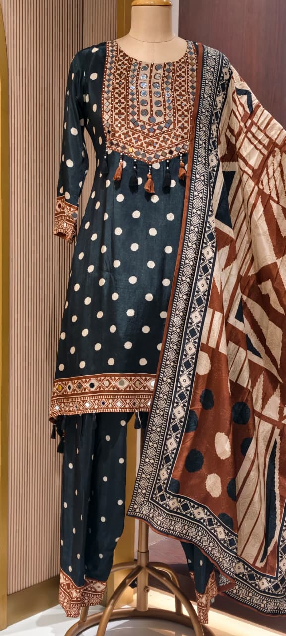 Boho Chich Tribal Inspired Multicolor Print Crepe Full Suit Set With Dupatta & Farsi Bottom- 15417, 15120