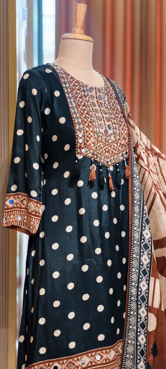 Boho Chich Tribal Inspired Multicolor Print Crepe Full Suit Set With Dupatta & Farsi Bottom- 15417, 15120