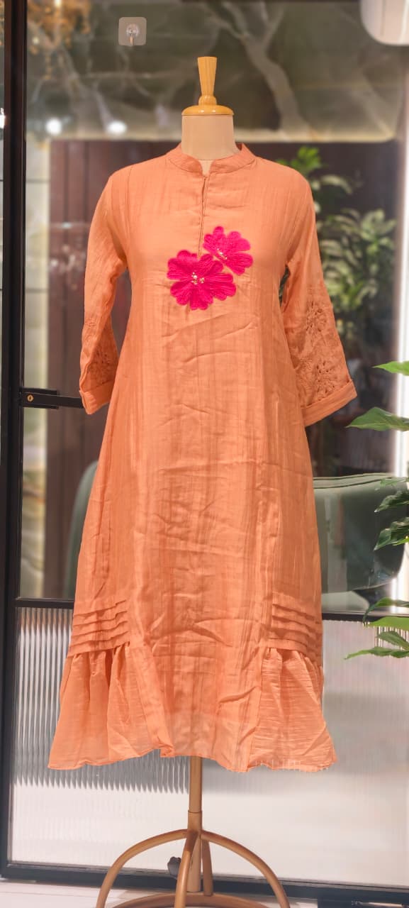 Mandarin Collar Ankle Length Mul-Chanderi Frock with 3D Floral Applique Yoke- 15421