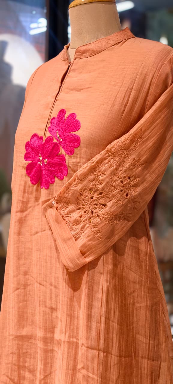 Mandarin Collar Ankle Length Mul-Chanderi Frock with 3D Floral Applique Yoke- 15421