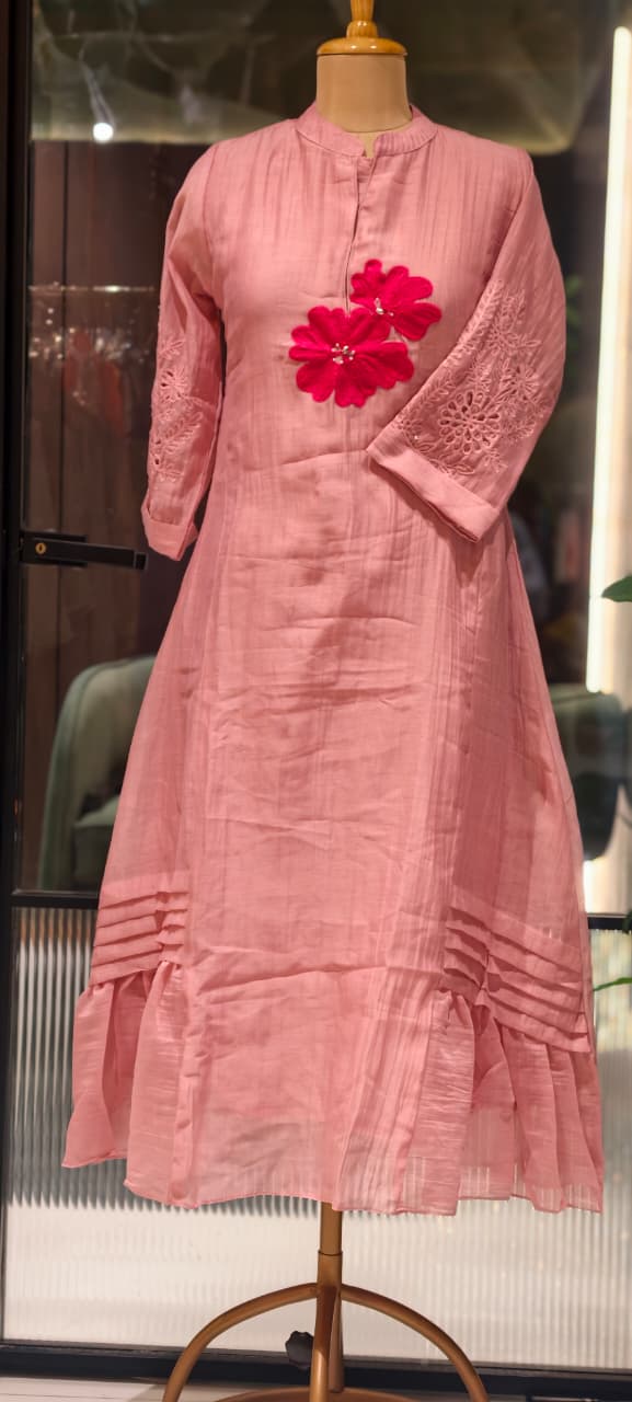 Mandarin Collar Ankle Length Mul-Chanderi Frock with 3D Floral Applique Yoke- 15421