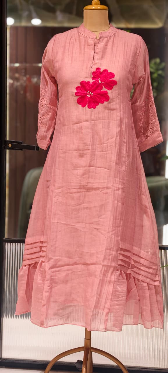 Mandarin Collar Ankle Length Mul-Chanderi Frock with 3D Floral Applique Yoke- 15421