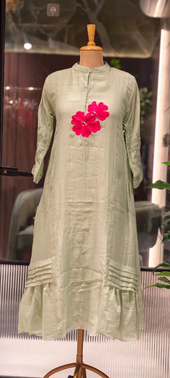 Mandarin Collar Ankle Length Mul-Chanderi Frock with 3D Floral Applique Yoke- 15421