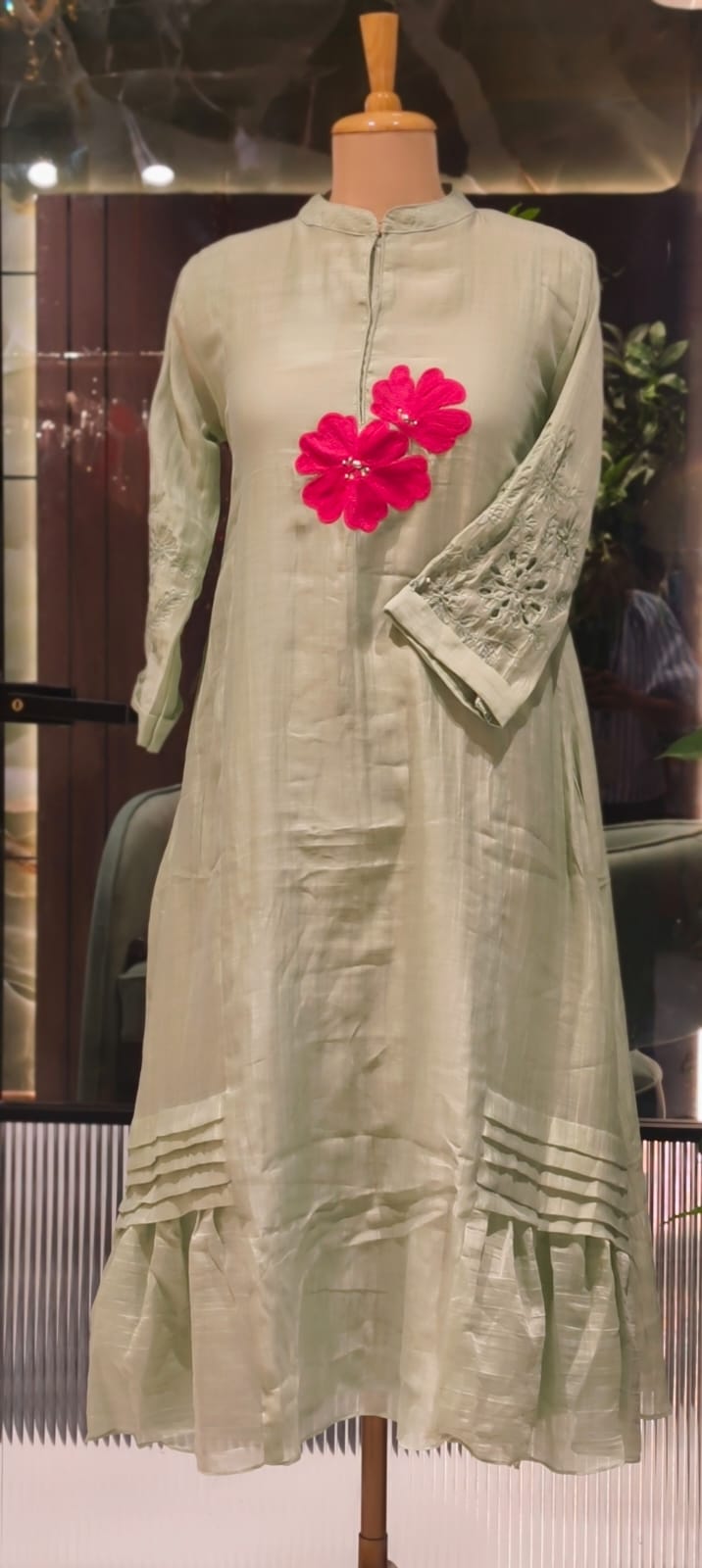 Mandarin Collar Ankle Length Mul-Chanderi Frock with 3D Floral Applique Yoke- 15421