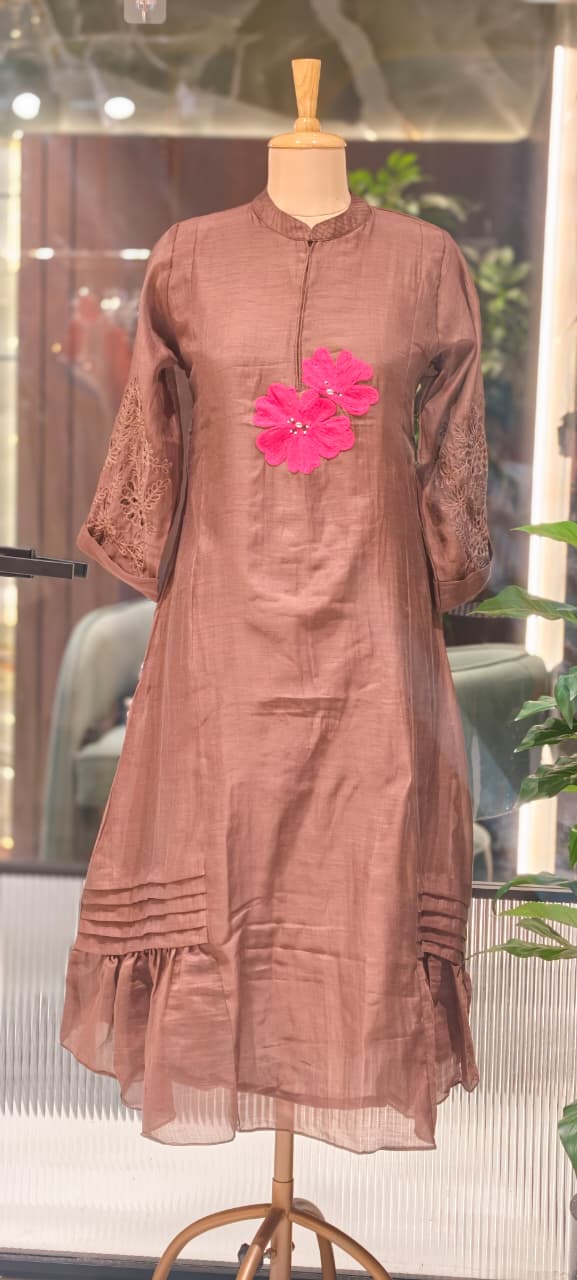 Mandarin Collar Ankle Length Mul-Chanderi Frock with 3D Floral Applique Yoke- 15421