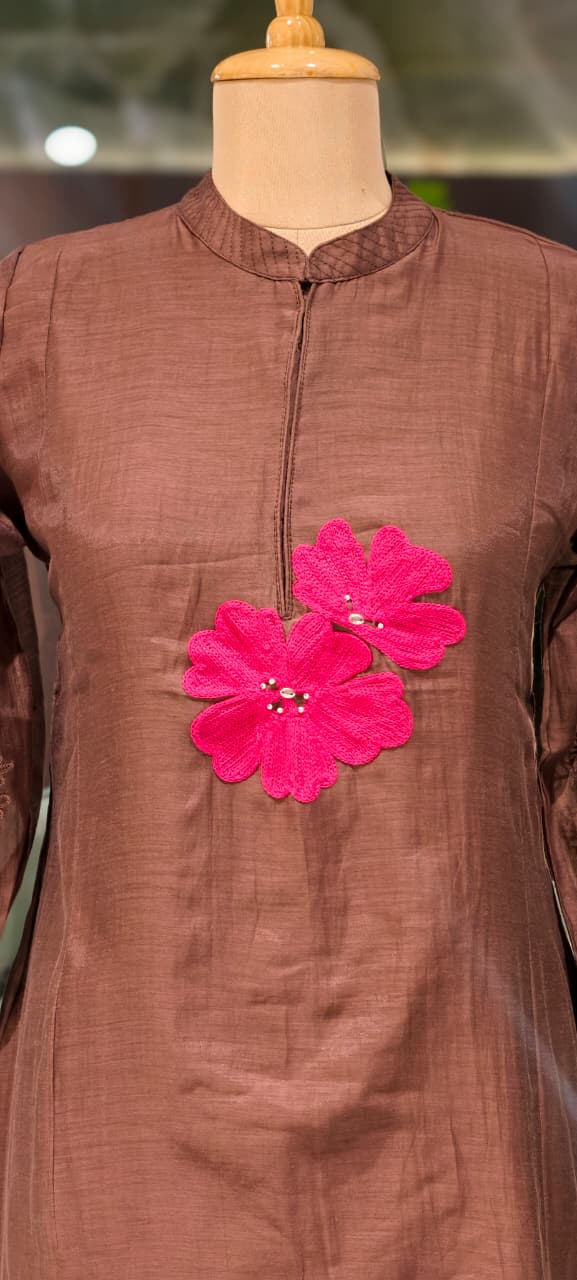 Mandarin Collar Ankle Length Mul-Chanderi Frock with 3D Floral Applique Yoke- 15421