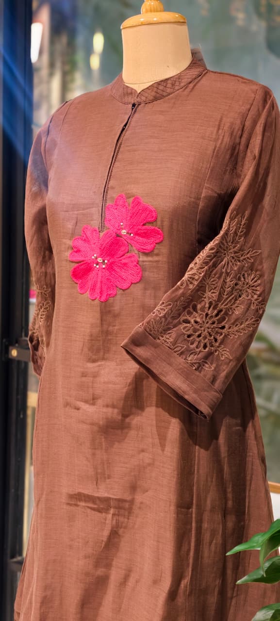 Mandarin Collar Ankle Length Mul-Chanderi Frock with 3D Floral Applique Yoke- 15421