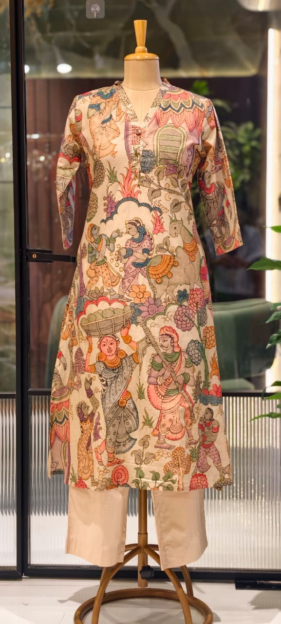 Heritage Kalamkari Inspired Folk Art Kurta Pant Set In Cotton Fabric- 15425