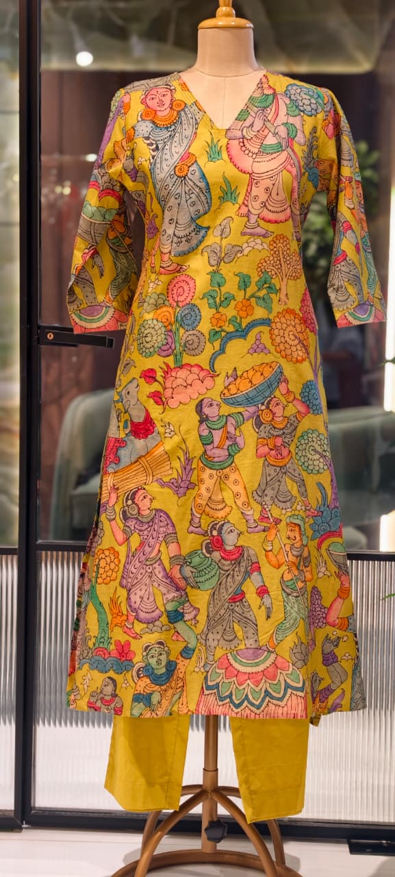 Heritage Kalamkari Inspired Folk Art Kurta Pant Set In Cotton Fabric- 15425