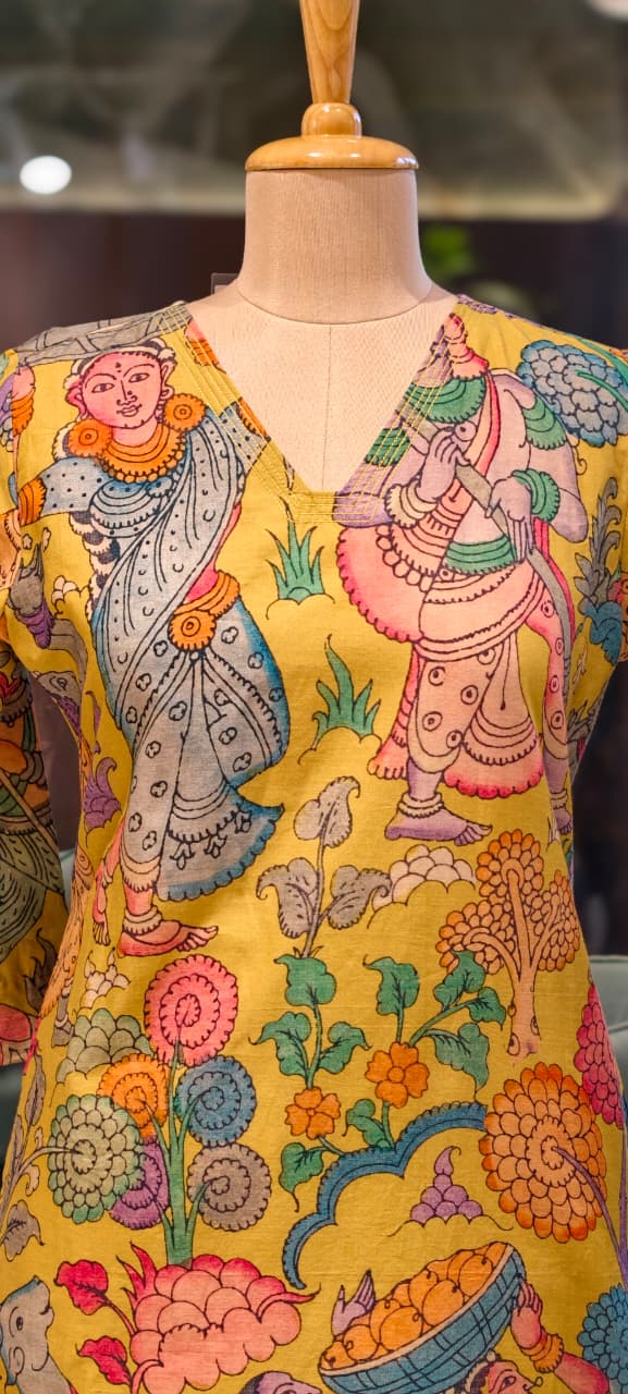 Heritage Kalamkari Inspired Folk Art Kurta Pant Set In Cotton Fabric- 15425