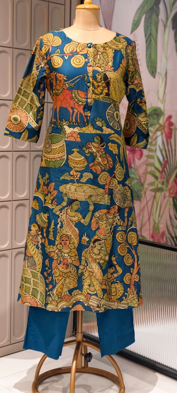 Heritage Kalamkari Inspired Folk Art Kurta Pant Set In Cotton Fabric- 15425
