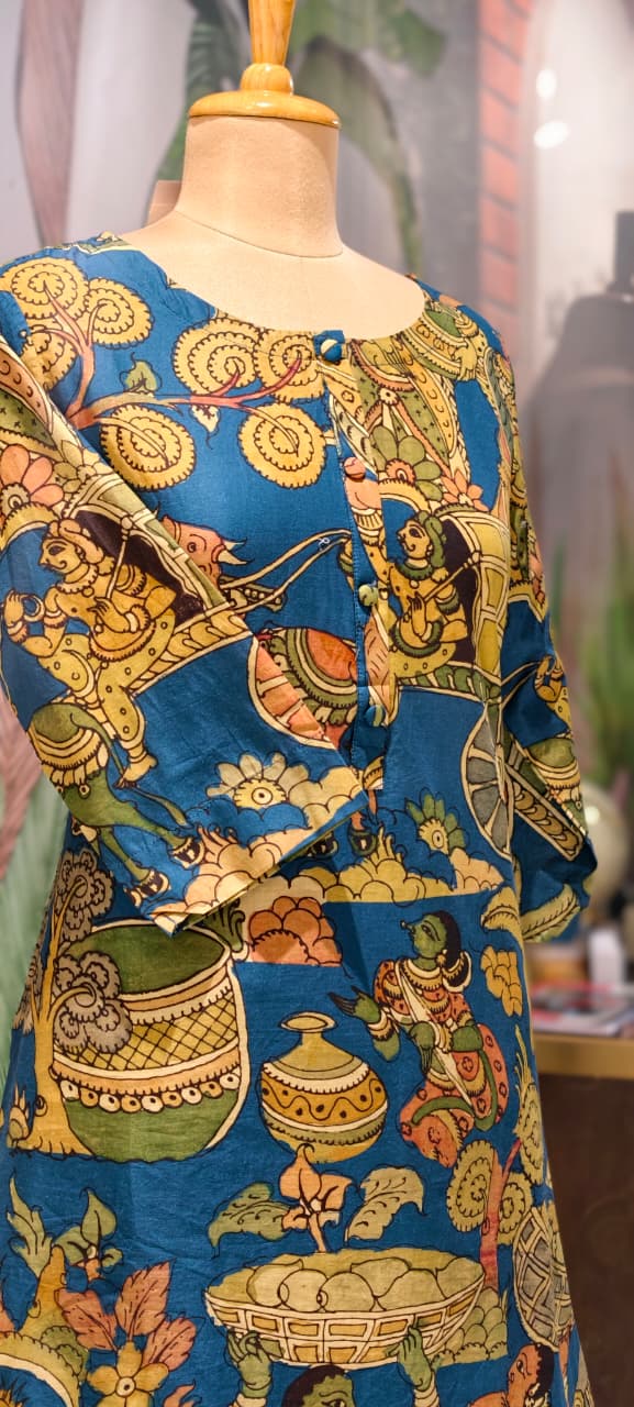 Heritage Kalamkari Inspired Folk Art Kurta Pant Set In Cotton Fabric- 15425