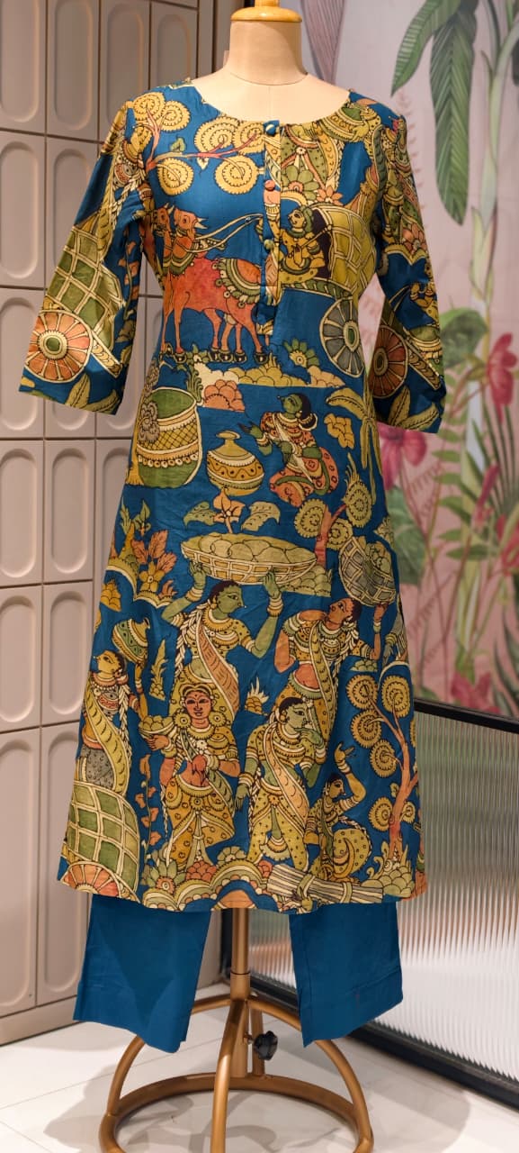 Heritage Kalamkari Inspired Folk Art Kurta Pant Set In Cotton Fabric- 15425