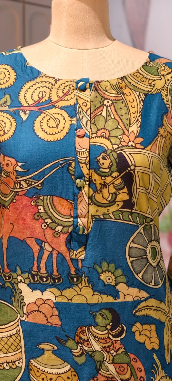 Heritage Kalamkari Inspired Folk Art Kurta Pant Set In Cotton Fabric- 15425