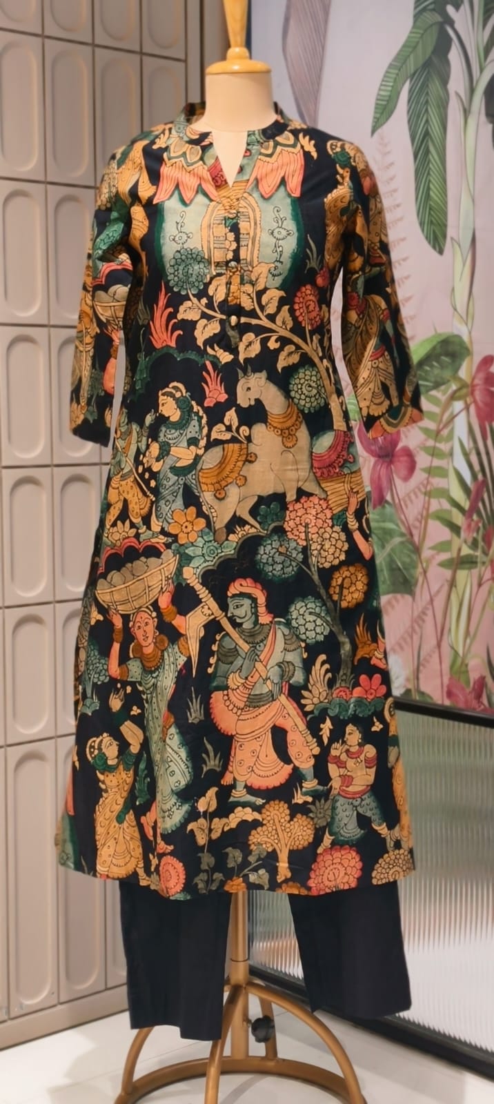 Heritage Kalamkari Inspired Folk Art Kurta Pant Set In Cotton Fabric- 15425
