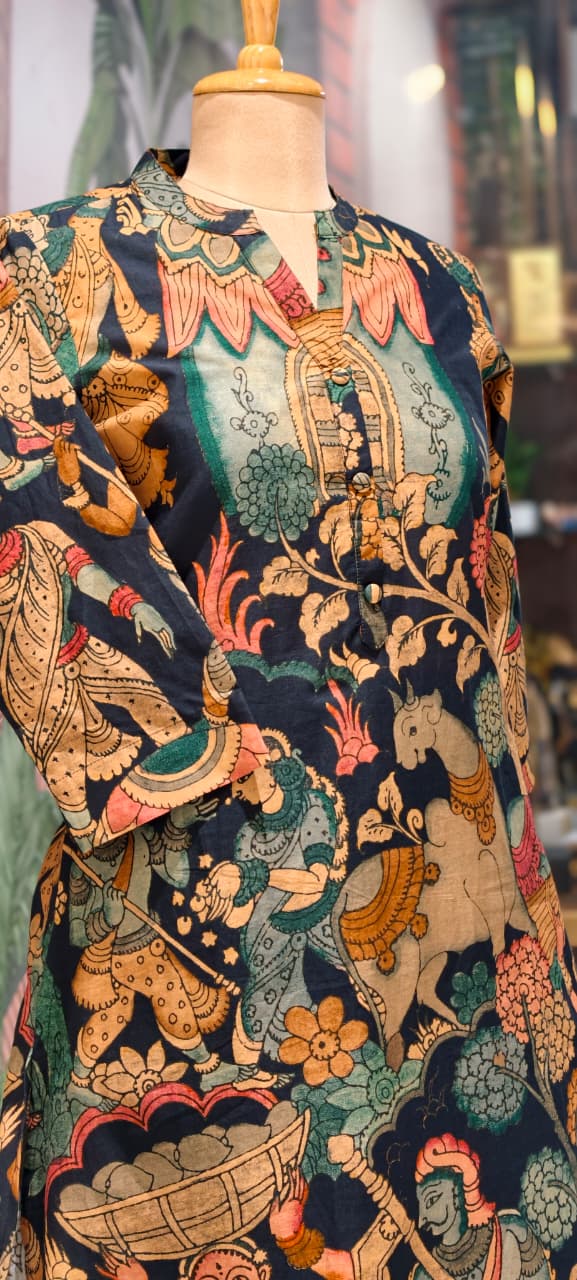 Heritage Kalamkari Inspired Folk Art Kurta Pant Set In Cotton Fabric- 15425