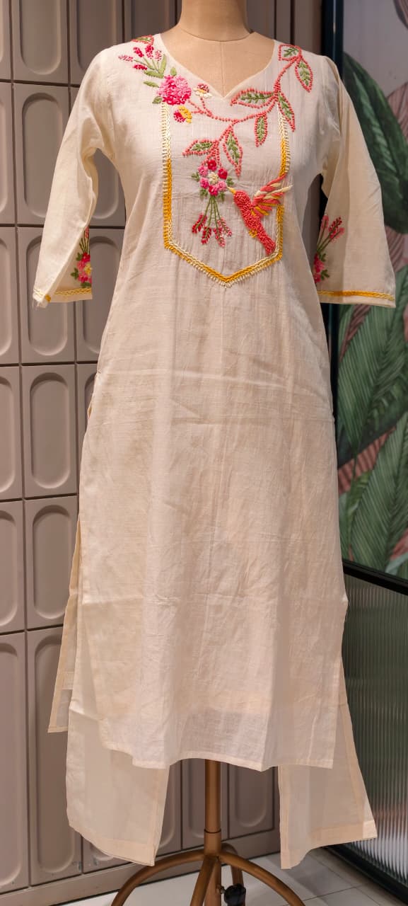 Crochet Gardenia Figure Embroidered Kora Cotton Full Suit Set With Dupatta- 14689