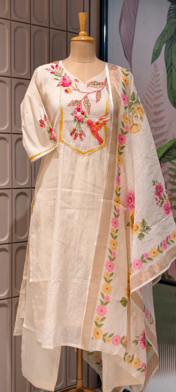 Crochet Gardenia Figure Embroidered Kora Cotton Full Suit Set With Dupatta- 14689