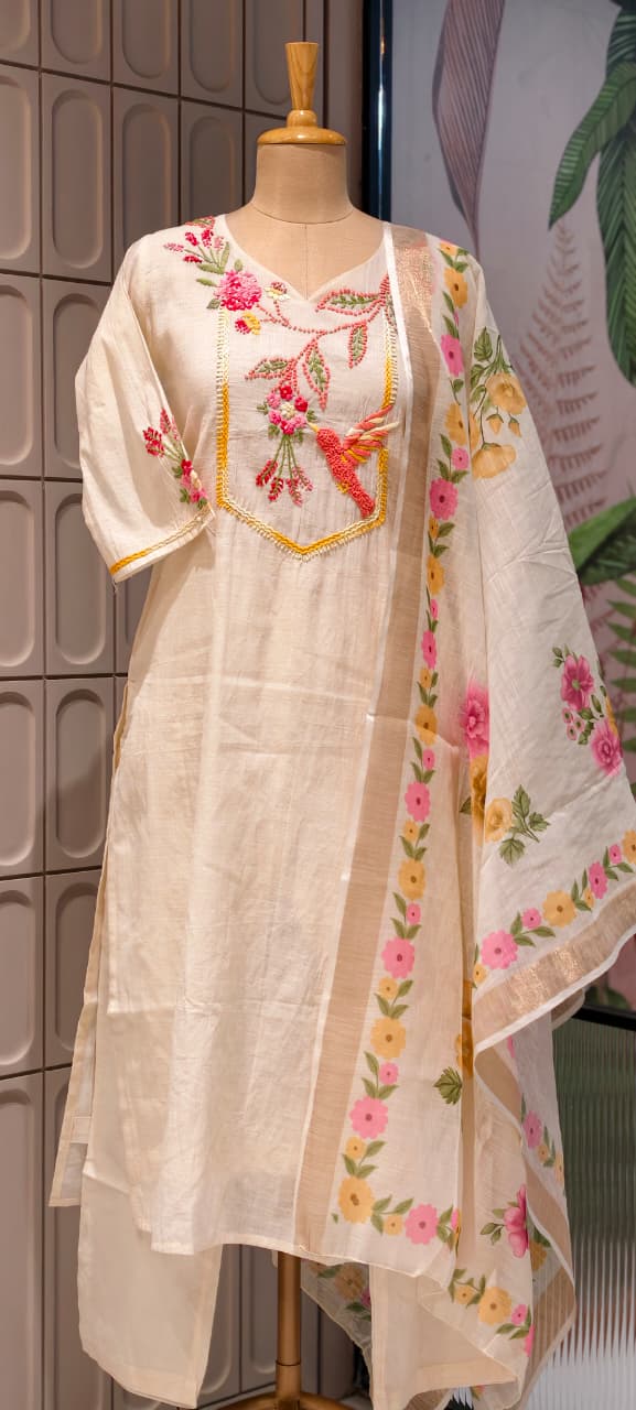 Crochet Gardenia Figure Embroidered Kora Cotton Full Suit Set With Dupatta- 14689