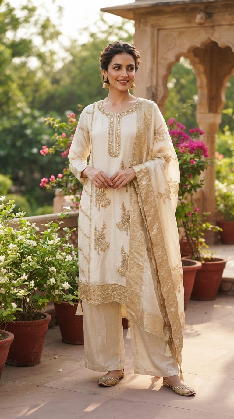 Ivory & Gold Elegant Embroidered Tissue Full Suit Set With Dupatta- 15305