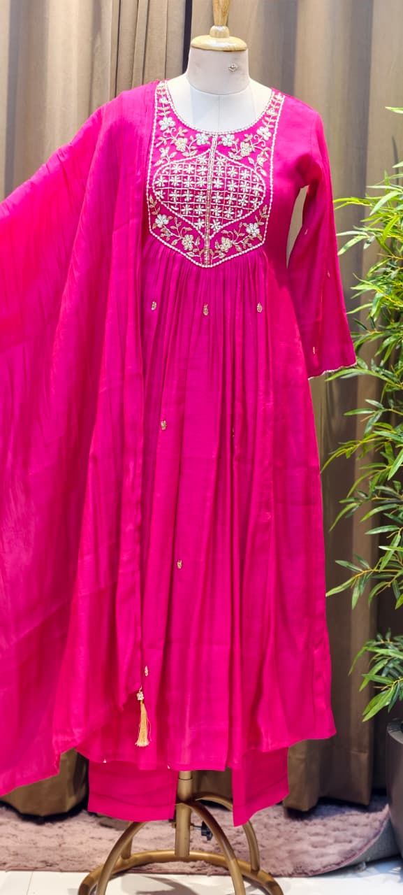 Tiny Pearl With Cut-Dana Embroidered Yoke Flared A-Line Crush Surat Mul-Chanderi Full Suit Set with Dupatta- 15422