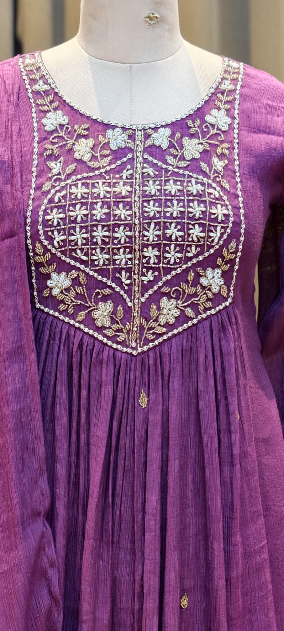 Tiny Pearl With Cut-Dana Embroidered Yoke Flared A-Line Crush Surat Mul-Chanderi Full Suit Set with Dupatta- 15422