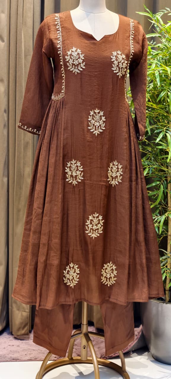 Crush Surat Mul-Chanderi Embroidered Side Pleated A-Line Full Suit Set with Dupatta- 15423