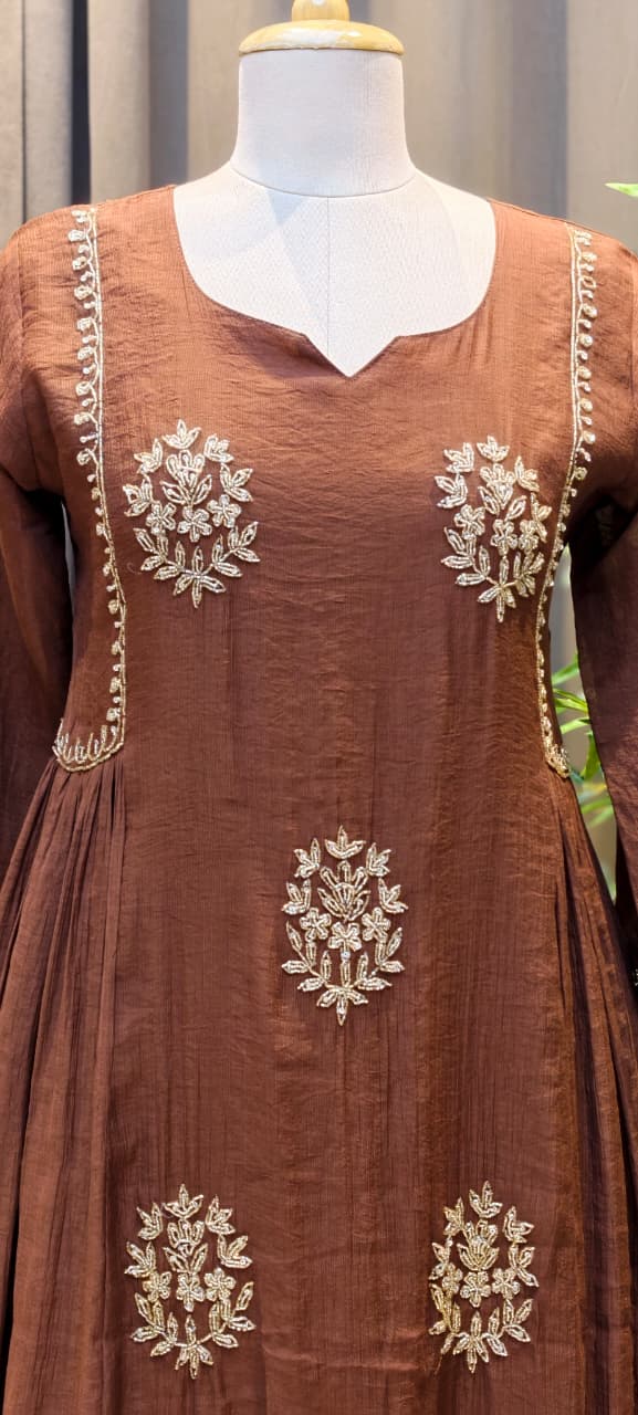 Crush Surat Mul-Chanderi Embroidered Side Pleated A-Line Full Suit Set with Dupatta- 15423