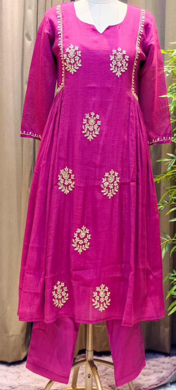 Crush Surat Mul-Chanderi Embroidered Side Pleated A-Line Full Suit Set with Dupatta- 15423