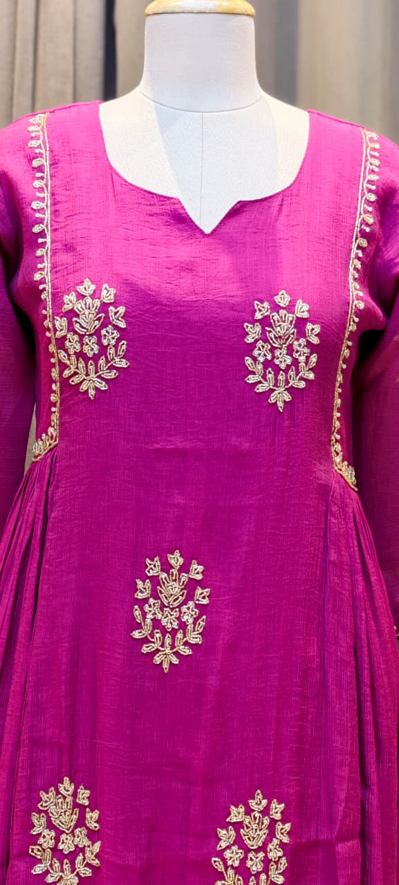 Crush Surat Mul-Chanderi Embroidered Side Pleated A-Line Full Suit Set with Dupatta- 15423