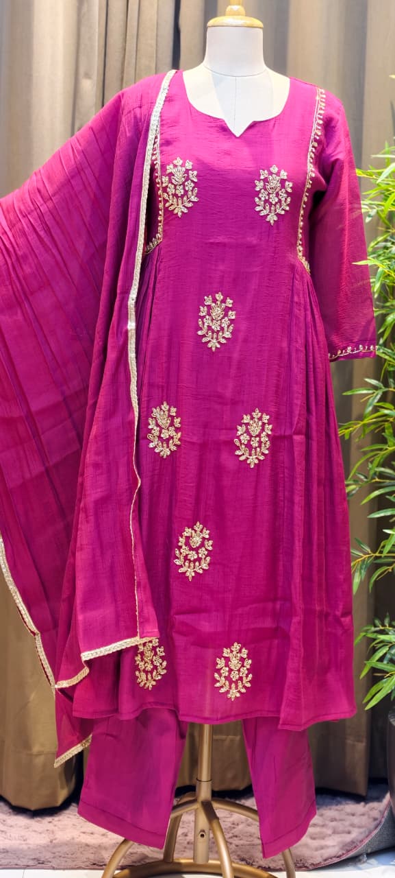 Crush Surat Mul-Chanderi Embroidered Side Pleated A-Line Full Suit Set with Dupatta- 15423