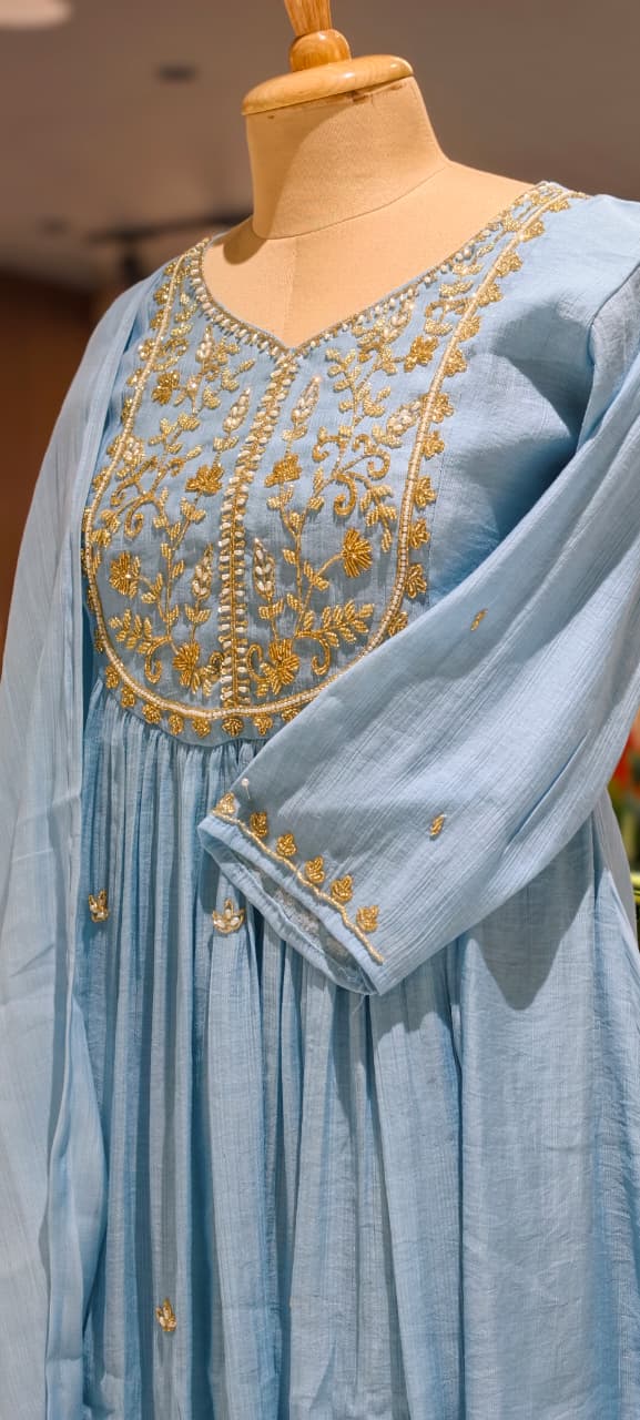 Zardosi Cut-Dana Embroidered Yoke Surat Mul-Chanderi Anarkali Full Suit Set With Dupatta- 15319