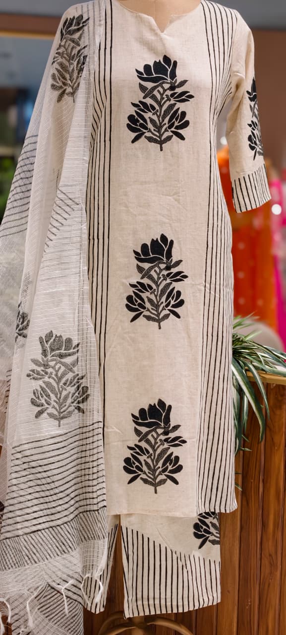 Leafy Placement Print Striped Flex Cotton Full Suit Set With Kota Doria Dupatta- 15388
