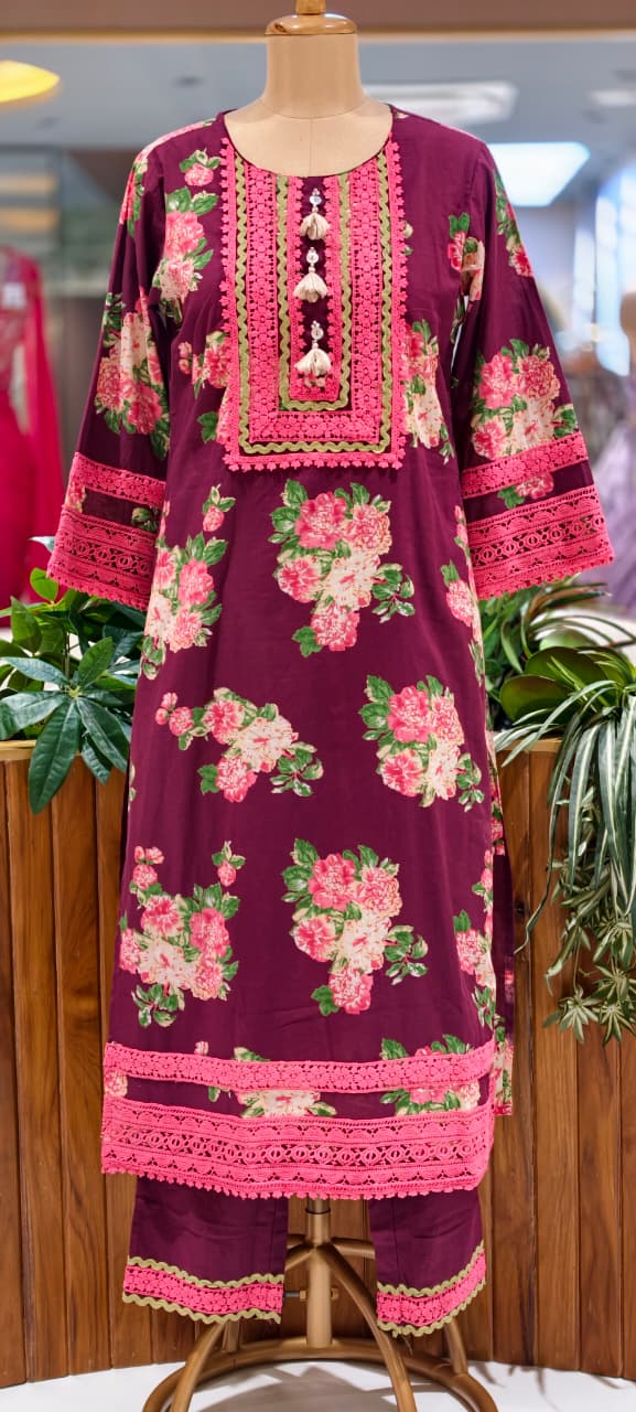 Crosia Lace Detailing Floral Printed Cotton Full Suit Set With Dupatta- 15262