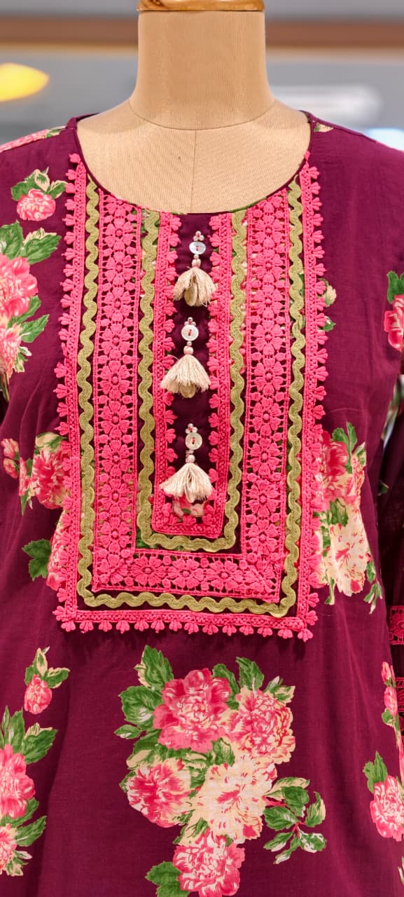 Crosia Lace Detailing Floral Printed Cotton Full Suit Set With Dupatta- 15262