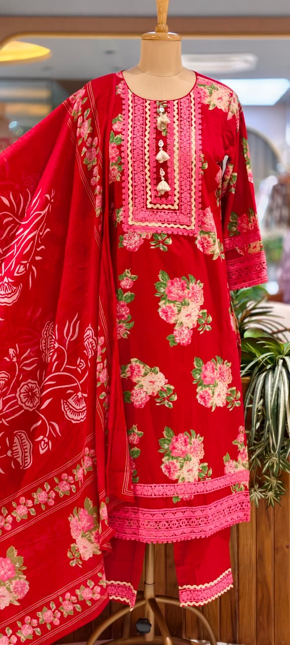 Crosia Lace Detailing Floral Printed Cotton Full Suit Set With Dupatta- 15262