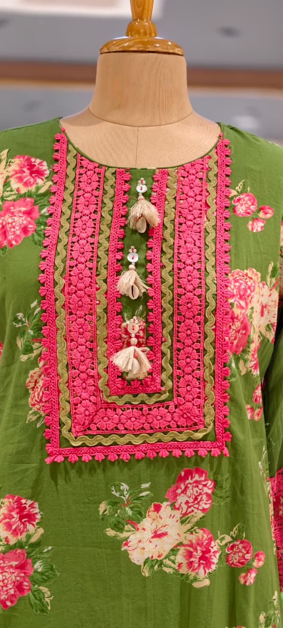 Crosia Lace Detailing Floral Printed Cotton Full Suit Set With Dupatta- 15262