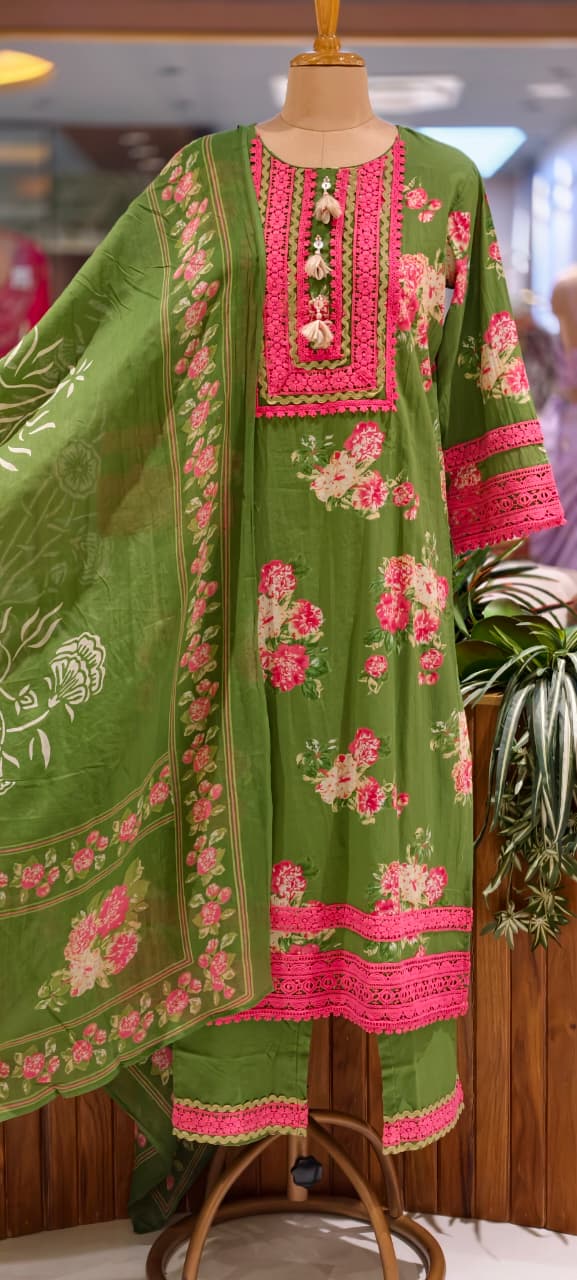 Crosia Lace Detailing Floral Printed Cotton Full Suit Set With Dupatta- 15262