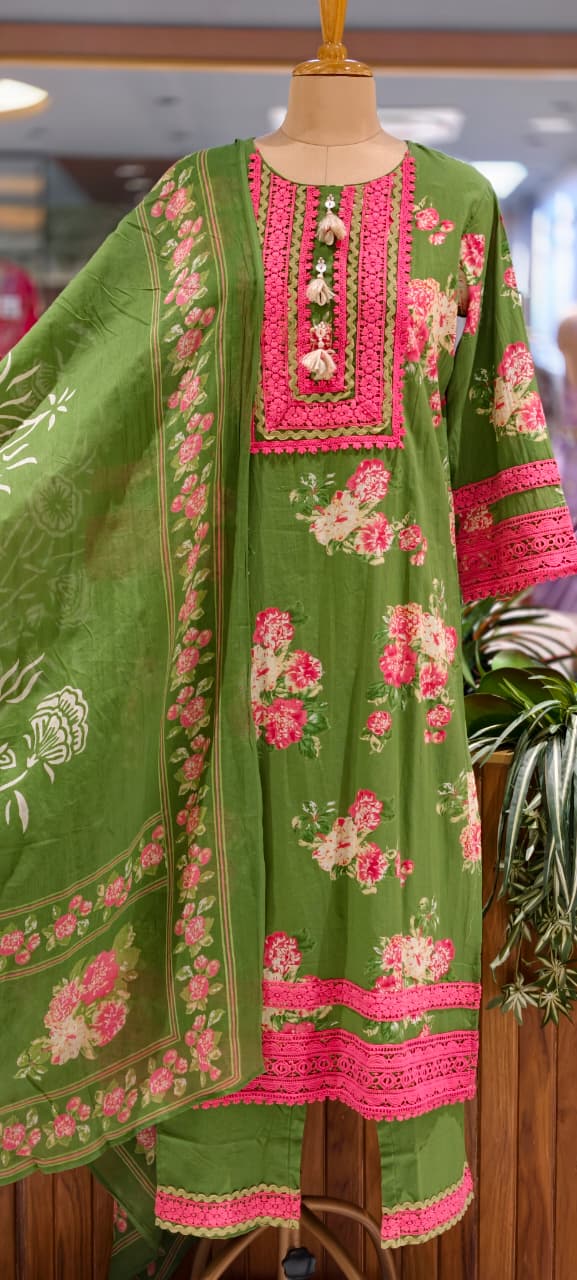 Crosia Lace Detailing Floral Printed Cotton Full Suit Set With Dupatta- 15262
