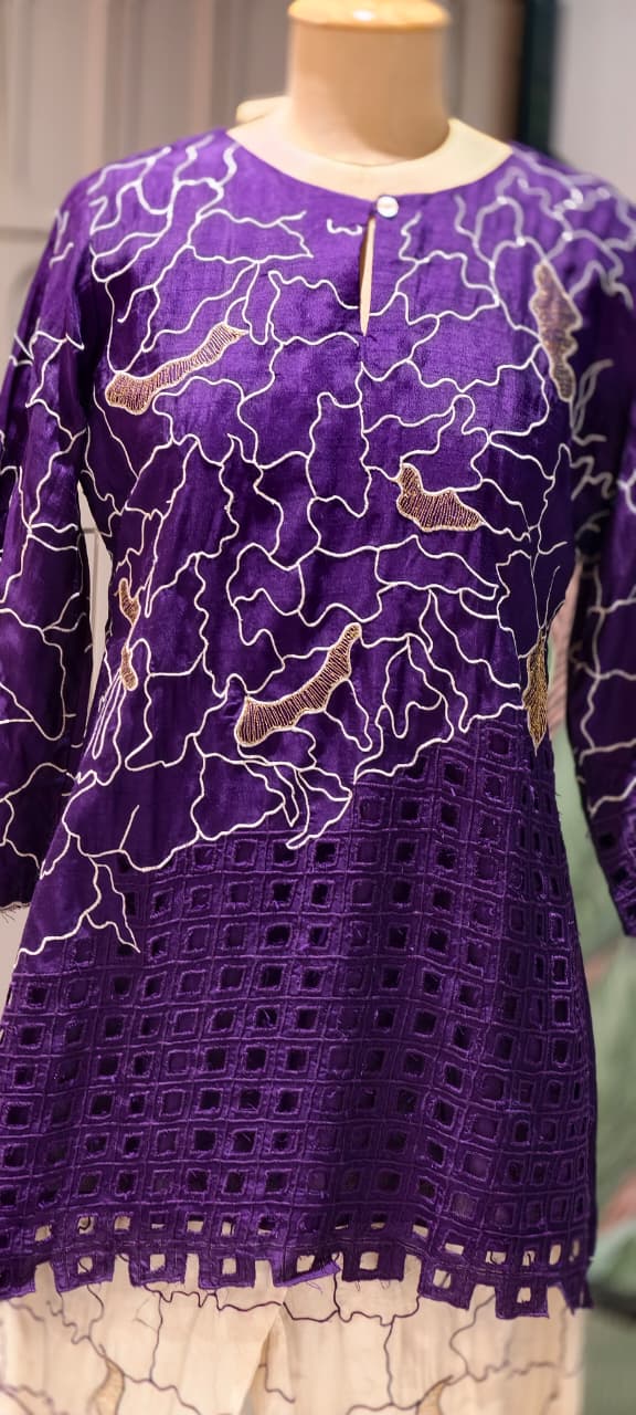 Contemporary Abstract Embroidered with Geometric Cutwork Russian Silk Co-Ord Set- 15224