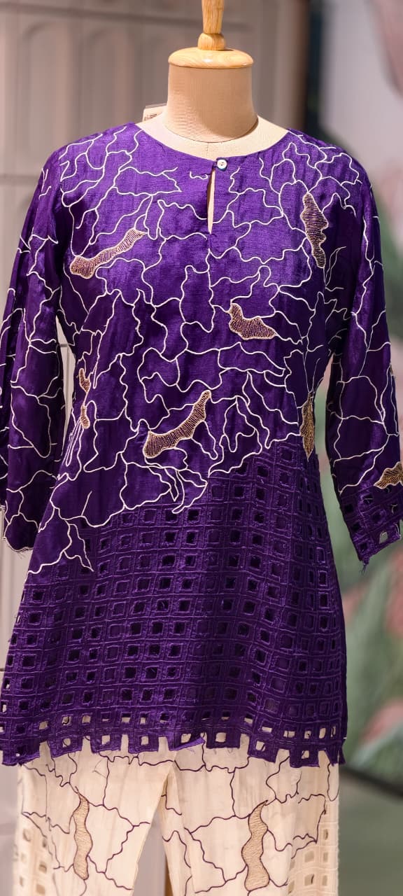 Contemporary Abstract Embroidered with Geometric Cutwork Russian Silk Co-Ord Set- 15224