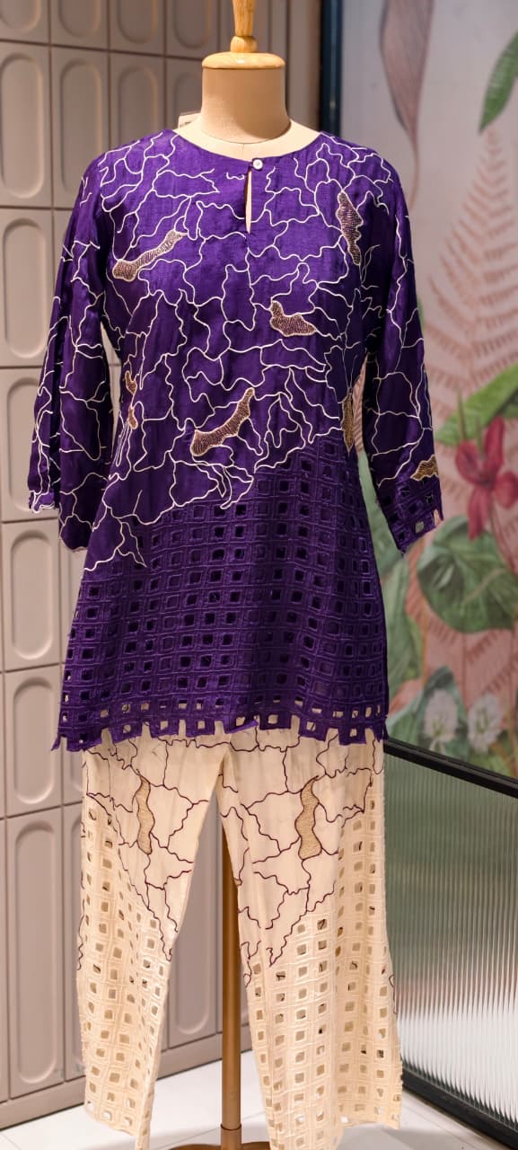 Contemporary Abstract Embroidered with Geometric Cutwork Russian Silk Co-Ord Set- 15224